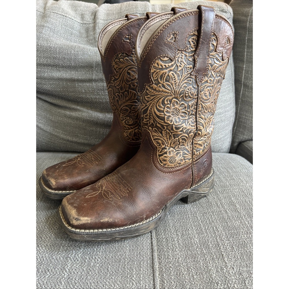 Ariat Women's Heritage US 6B Western Brown Leather Cowgirl Boots Floral